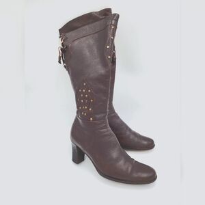 Vintage Vis Spiga Brown Leather Heeled Boots with Brass Studs 6.5 M
